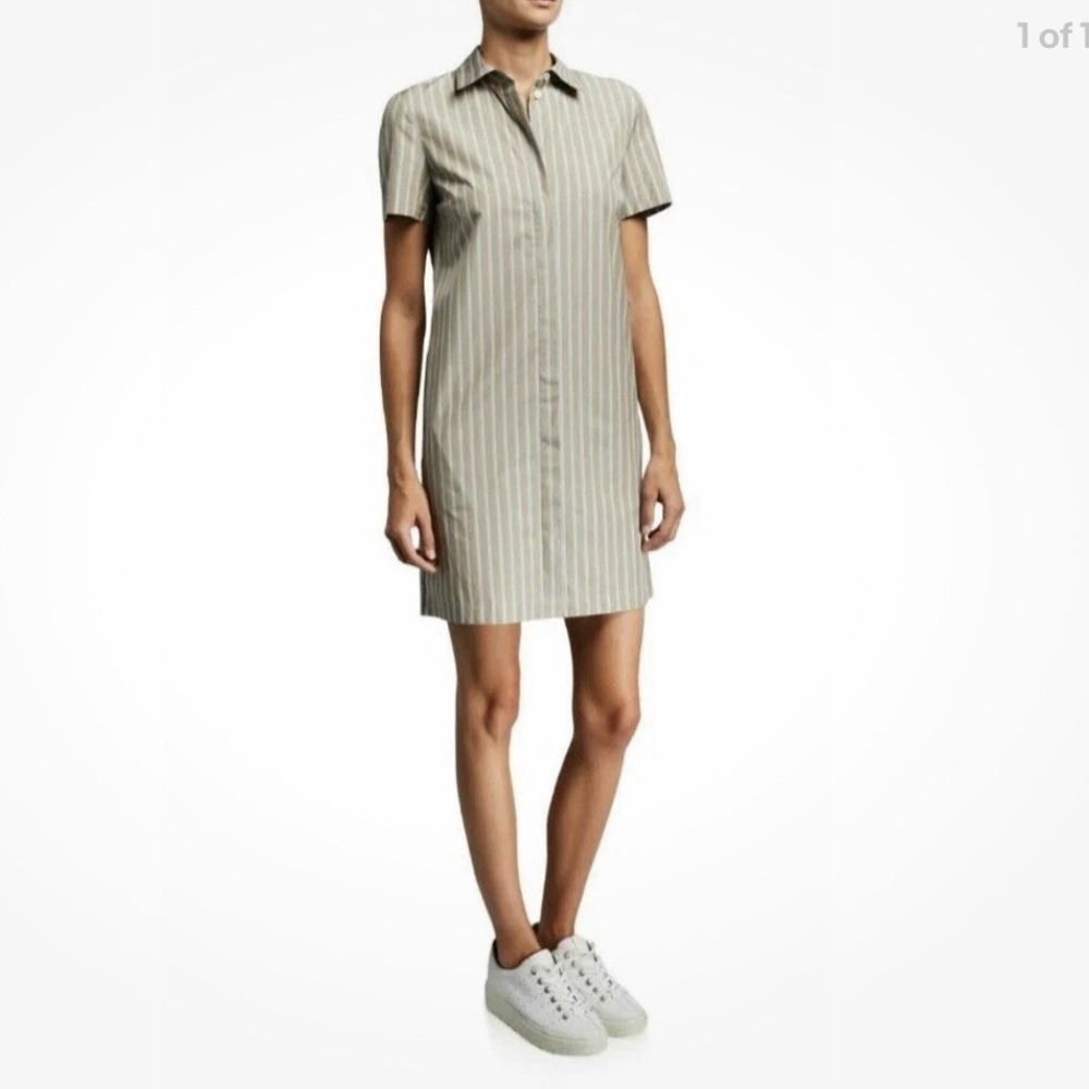 Theory Shirt Dress Size Small Beige Ribbon Stripe Button Down Pockets Poplin - Picture 11 of 15